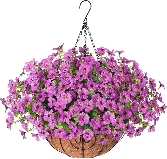 Artificial Fake Hanging Plants Flowers Basket for Outdoor Outside Porch Spring Decoration, Faux Silk Purple Daisy Realistic UV Resistant in Planter for Home Patio Balcony Garden Yard-VerdiqueGarden