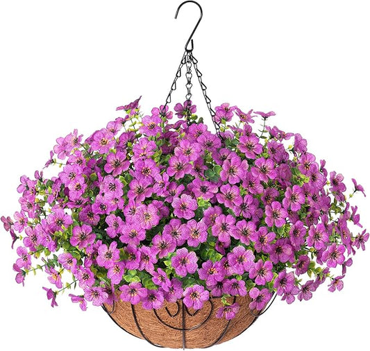 Artificial Fake Hanging Plants Flowers Basket for Outdoor Outside Porch Spring Decoration, Faux Silk Purple Daisy Realistic UV Resistant in Planter for Home Patio Balcony Garden Yard-VerdiqueGarden