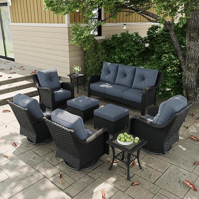 9 Pieces Outdoor Patio Furniture Sets with Rocking Swivel Chairs with 6-inch Thick Cushion and Side Table for Deck Lawn-VerdiqueGarden