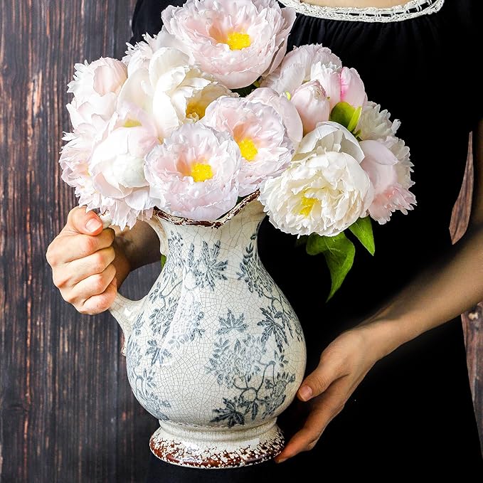 Enra Large Vintage Blue and White and Pitcher for Home Decor, 9.7 Inch Rustic Chinoiserie Decorative Vases, Green and Beige Ceramic Vases for Living Room, Kitchen, Office – Large Vases for Decor-VerdiqueGarden