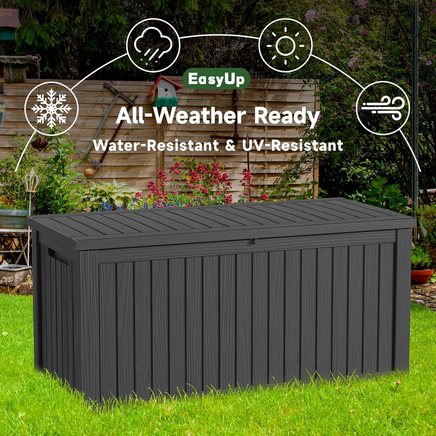 180 Gallon Outdoor Storage Box Waterproof, UV Resistant Resin Deck Box with Hydraulic Rod, Reinforced Stability for Patio, Garden, and Pool, Striped Black-VerdiqueGarden