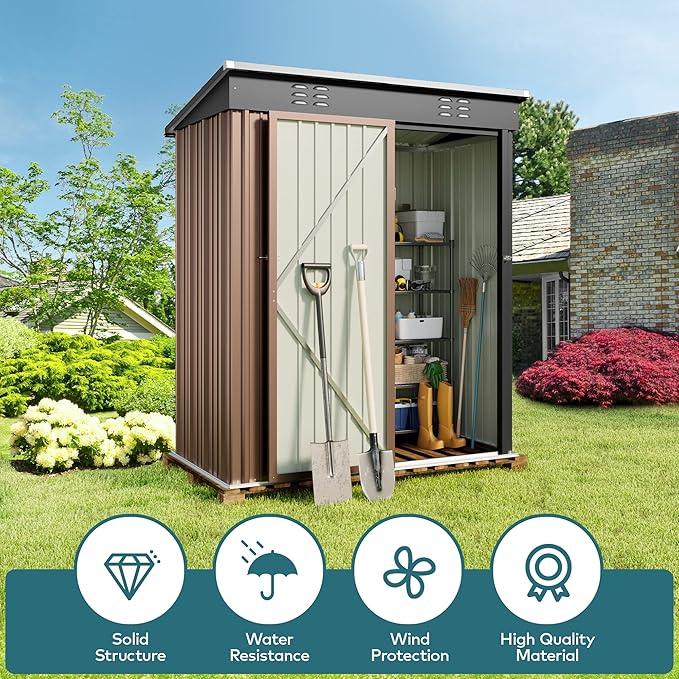 Gizoon 5' x 3' Outdoor Storage Shed with Singe Lockable Door,Galvanized Metal Shed with Air Vent Suitable for The Garden,Tiny House Storage Sheds Outdoor for Backyard Patio Lawn-Brown-VerdiqueGarden
