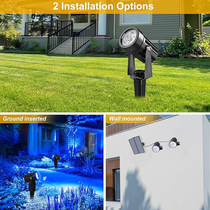 Blue Solar Spot Lights Outdoor,2 Pack Solar Landscape Spotlights IP65 Waterproof 9.8ft Cable, Auto On/Off Outdoor Wall Lights for Garden Yard Driveway Porch Walkway Pool (1-in-1)-VerdiqueGarden