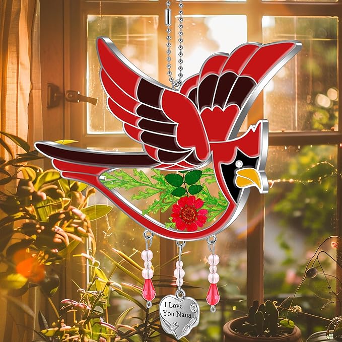 KY&BOSAM Cardinal Suncatcher Nana Gifts I Love You Nana Stained Glass Suncatchers Hanging Ornament for Window Wind Chime Birthday Gifts for Women Nana Grandma Mother`s Day Christmas Tree Gifts-VerdiqueGarden