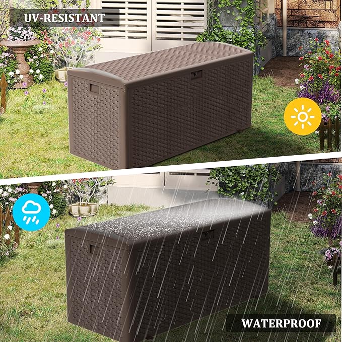 180 Gallon Pro Outdoor Storage Box Waterproof Lockable Resin Deck Box Large, Patio Storage Bin for Pool Accessories Cushion Furniture, Garden Tools, UV-Resistant Outside Delivery Brown-VerdiqueGarden