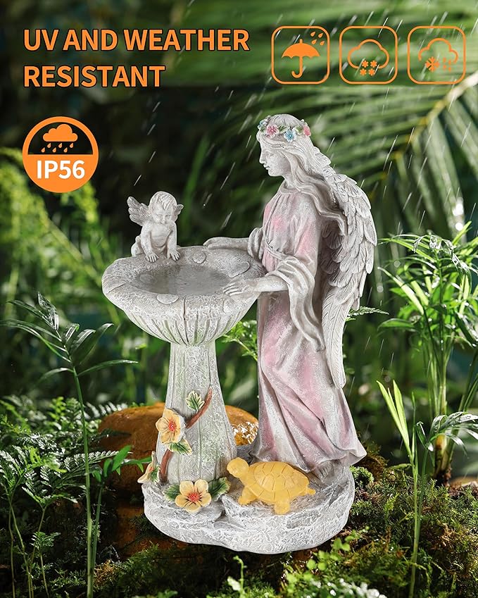 iStatue Solar Angel with Mushroom Bird Bath Statue - 9.5'' Garden Decor for Outside Clearance, Color-Changing Lights Lawn Ornaments Baby Turtle Figurine for Yard Patio Balcony (Angel)-VerdiqueGarden