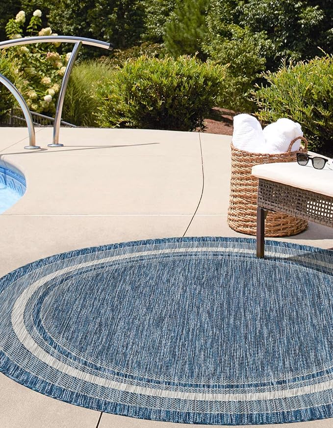 Unique Loom Outdoor Border Collection Area Rug - Soft Border (10' Round Blue/Ivory)-VerdiqueGarden
