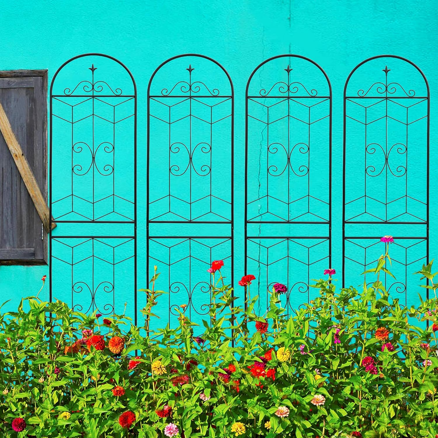 4 Pack Metal Garden Trellis 86.7" Tall Outdoor Climbing Plant Support for Roses, Flowers, Rustproof Durable Black Galvanized Tube, Lawn Garden Fence Decor Screen (4, Castle-86.7" H)-VerdiqueGarden