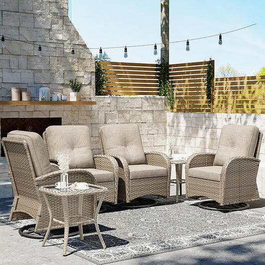 Joyside Outdoor Swivel Rocker Chairs, 6 Piece Wicker Patio Set with Thick Cushion and Side Table, Rattan Patio Swivel Rocking Chairs for Porch, Deck Use (Natural/Beige, 6 PCS)-VerdiqueGarden