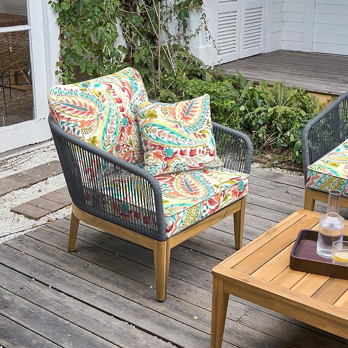 LVTXIII Outdoor Deep Seat Cushion Patio Seat and Back Cushion Set Seasonal Chair Cushion with Removable Cover and Adjustable Buckle for Home and Garden, 22"x22"x4", Pretty Paisley-VerdiqueGarden