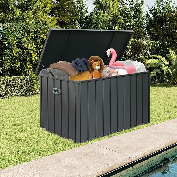 Domi Deck Box 190 Gallon, Waterproof Lockable Steel Outdoor Storage Container for Outside Cushions, Garden Tools and Pools Equipment, Gray-VerdiqueGarden