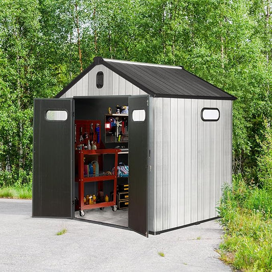Domi 8x6 FT Outdoor Resin Storage Shed, All-Weather Double-Wall Storage Building for Backyard, Garden, Lawn Tools, Mower, Bike & Pool Equipment, Lockable Doors, Ventilated Roof, Grey-VerdiqueGarden