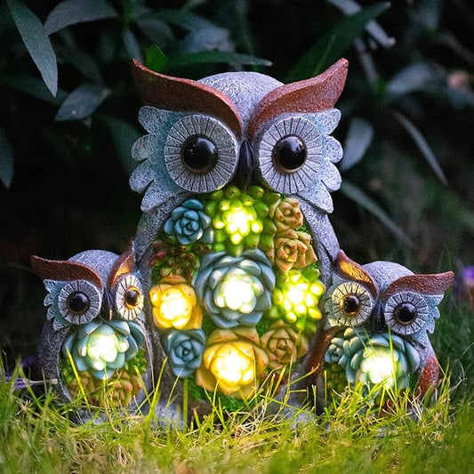 Solar Garden Statue Lights Owl Figurine with LED Lights, Outdoor Garden Succulent Ornaments Waterproof Decoration for Outside Patio Yard Lawn Decor-VerdiqueGarden