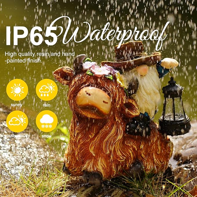 Solar Highland Cow Gnome Garden Decorative Statue - Detachable Lantern - Outdoor Fun Decoration, Suitable for Patio, Back Porch, Table Ornaments, Unique Housewarming, Birthday Gifts for Women, Mom-VerdiqueGarden