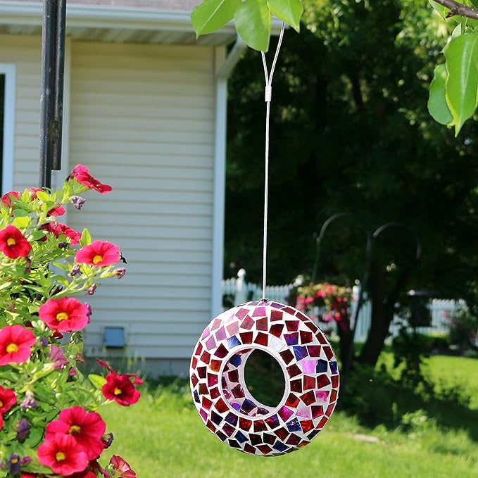 Sunnydaze 6-Inch Glass Mosaic Hanging Bird Feeder for Outdoors - Fly-Through Wild Bird Feeder - Crimson Mosaic-VerdiqueGarden