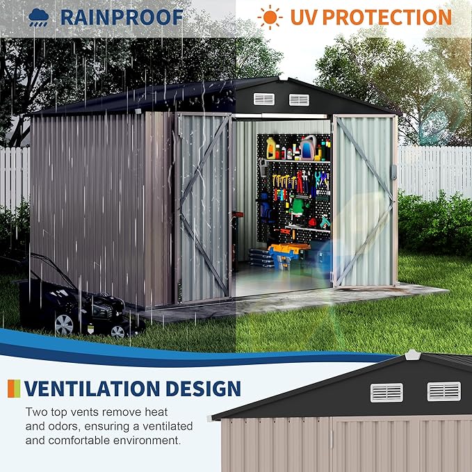 8x10 FT Metal Storage Sheds Outdoor with Floor, Metal Yard Sheds Garden Shed Kit, MetalTool Shed with Lockable Door, Metals UtilitySheds Buildings with Air Vent for Backyard Garden Patio Lawn-VerdiqueGarden