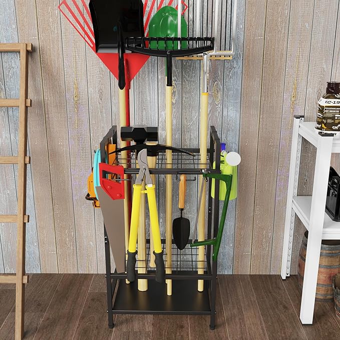 Garden Tool Organizer Rack for Garage, Yard Tool Tower Rack Organizer, Tools Stand Storage with Hooks Black Metal Garden Tools Holder for Yard Shed Garage Organization-VerdiqueGarden
