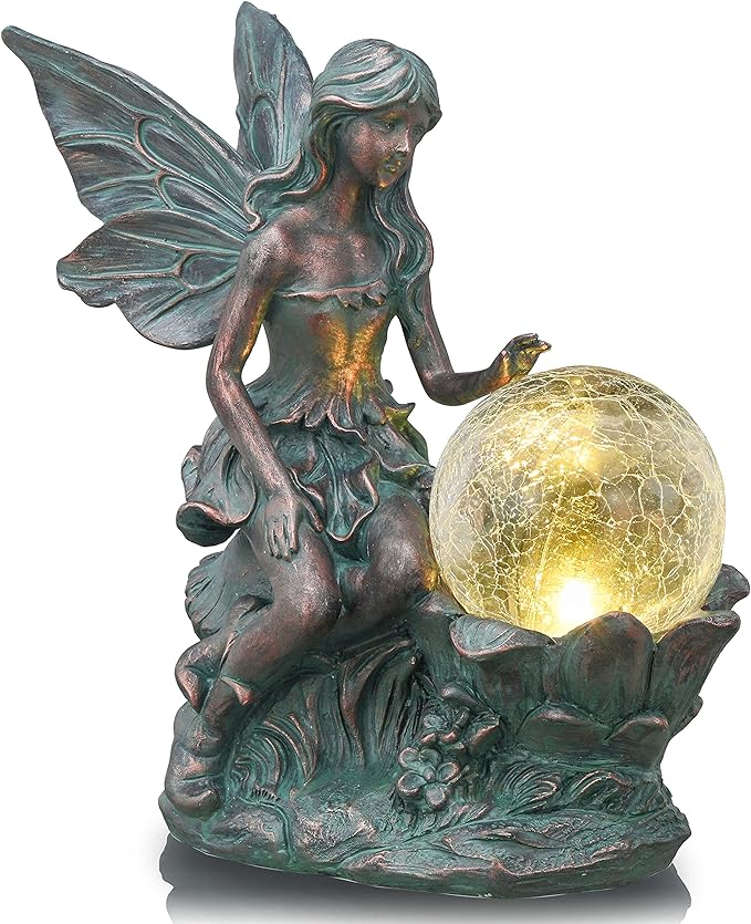 TERESA'S COLLECTIONS Fairy Garden Statues with Solar Outdoor Light for Outdoor Decor, Fairy Valentines Decorations Garden Decor Resin Sculptures with Crackle Glass Globe,Gifts for Mom Yard Decor,11.8"-VerdiqueGarden