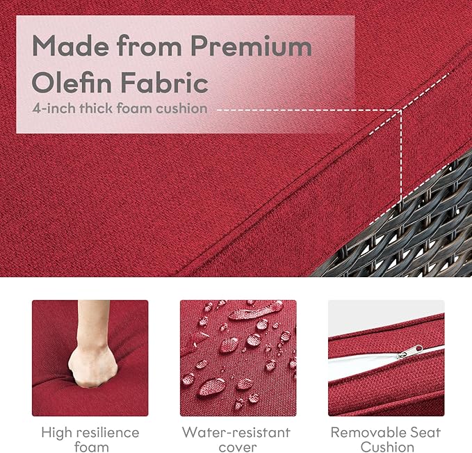 5 Piece Outdoor Patio Furniture Set - Wicker Furniture Patio Conversation Set, Outdoor Swivel Rocker Chairs with 3-Seater Sofa and 2 Ottomans for Small Space, Red Cushion-VerdiqueGarden