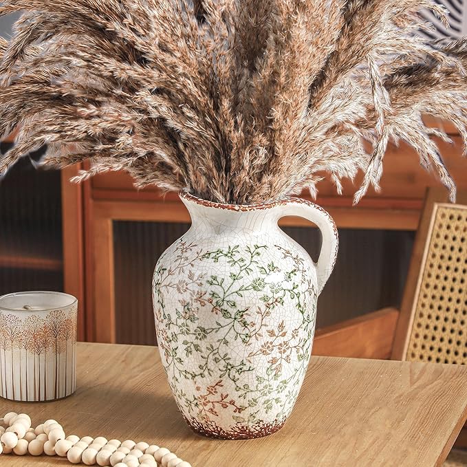 Enra Vintage vase,Ceramic Chinoiserie Floral Vase,Green and Beige Decorative Flower vase,Large Rustic Vases for Home Decors, Living Room, Bookshelf, Office，9.7 inch-VerdiqueGarden