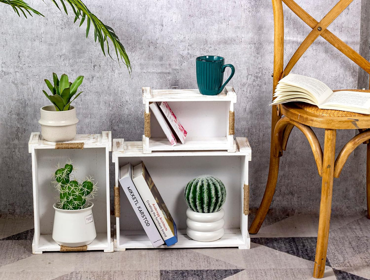 TIMRIS Set of 3 Rustic Wood Nesting Crates, Farmhouse Wooden Storage Container Boxes with Cutout Handles, Decorative Wooden Baskets for Display (Whitewash)-VerdiqueGarden