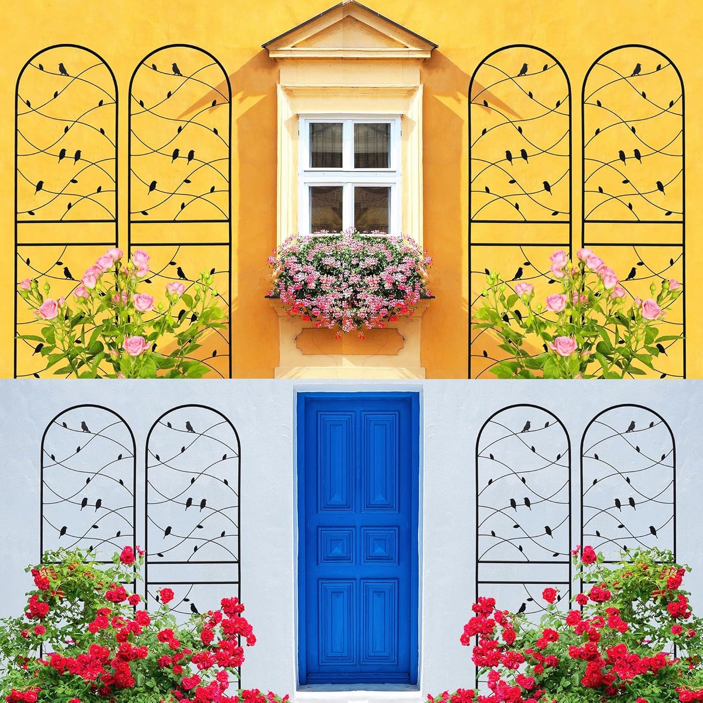 4 Pack Metal Garden Trellis 71" Tall Outdoor Climbing Plant Support for Roses, Flowers, Rustproof Durable Black Galvanized Tube, Lawn Garden Fence Decor Screen (4, Black birds-71 H)-VerdiqueGarden