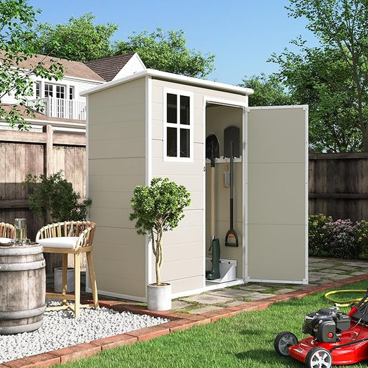 UDPATIO Outdoor Storage Shed 5x3 FT, Plastic Garden Shed for Bike, Garbage Can, Tool, Outside Sheds & Outdoor Resin Shed with Lockable Door for Backyard, Patio, Lawn, Sandstone-VerdiqueGarden