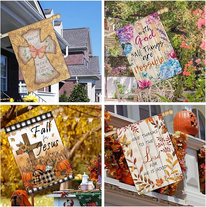 11 Pcs Christian Garden Flag Cross Yard Flags for All Season Christian Welcome Large 28 x 40 Inch Flags Double Sided Print Vertical House Flags Decorations for Home Outdoor Lawn-VerdiqueGarden