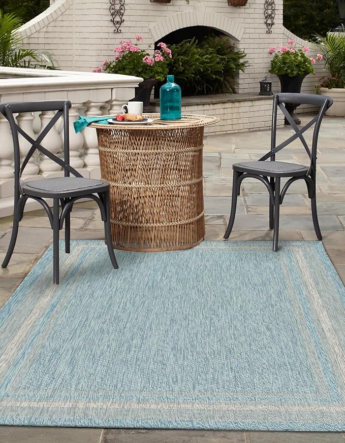 Unique Loom Outdoor Border Collection Area Rug - Soft Border (5' 1" x 8' Rectangle, Aquamarine/ Ivory)-VerdiqueGarden