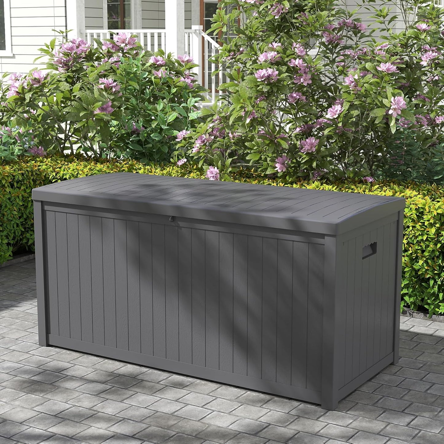 120 Gallon Resin Deck Box, Weatherproof Outdoor Storage Box for Patio, Garden, Pool, and Yard, Lockable Waterproof Bin for Tools, Cushions, and Accessories, Grey-VerdiqueGarden
