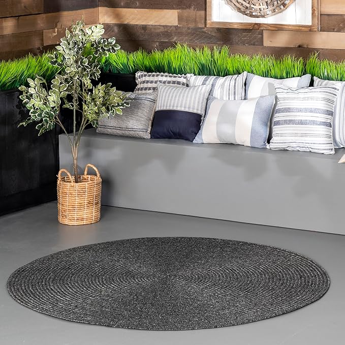 nuLOOM 8' Round Solid Hand Braided Indoor/Outdoor Area Rug, Pet-Friendly, High Traffic, Weather Resistant, for Patio, Balcony, Bedroom, Living, Dining Room, Wynn Charcoal-VerdiqueGarden