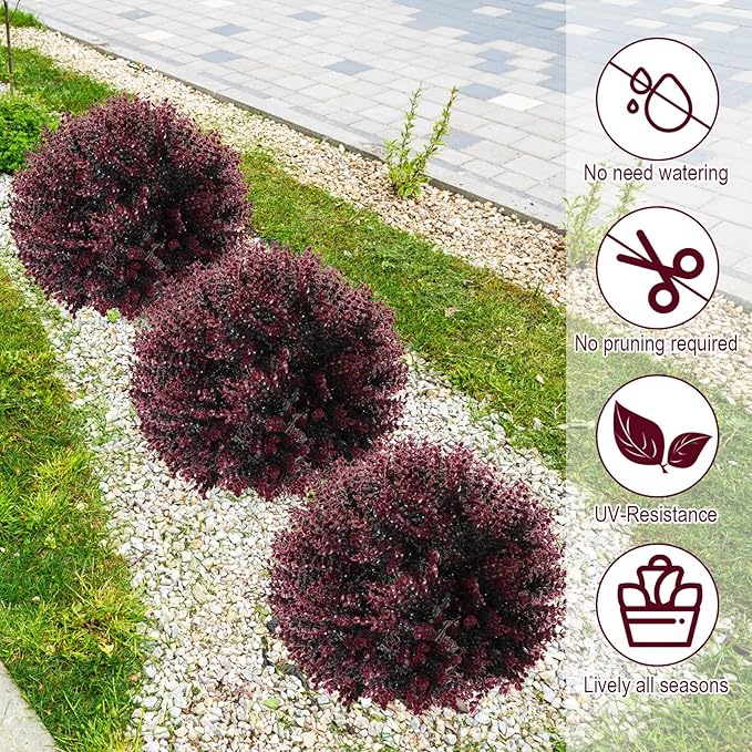 Yunlly 4 Pcs 18 Inch Artificial Boxwood Ball Topiary Tree Fake Outdoor Plants Bush, UV Resistance Faux Shrub with Spike Realistic Greenery Potted for Indoor Garden Yard Porch Patio Decor (Dark Purple)-VerdiqueGarden