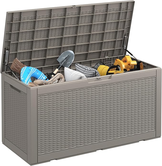 NUNU LAB 102 Gallon Large Waterproof Resin Deck Box, Lockable Outdoor Storage Box with Gas Lift, Patio Cushions, Garden Tools, Pool Supplies, Indoor Outdoor Storage Container, Grey-VerdiqueGarden
