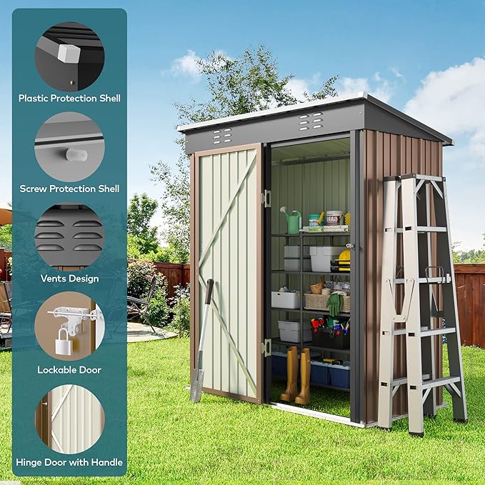 Gizoon 5' x 3' Outdoor Storage Shed with Singe Lockable Door,Galvanized Metal Shed with Air Vent Suitable for The Garden,Tiny House Storage Sheds Outdoor for Backyard Patio Lawn-Brown-VerdiqueGarden