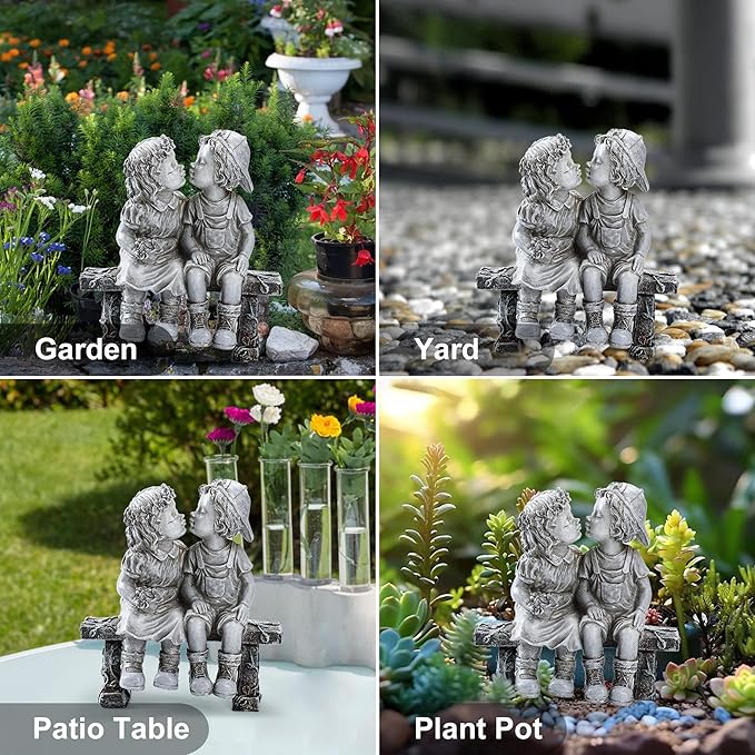 Lily's Home First Kiss Resin Garden Statue, Little Girl and Boy Kissing Yard Miniature Figurine,Small and Exquisite, 9 Inch-VerdiqueGarden