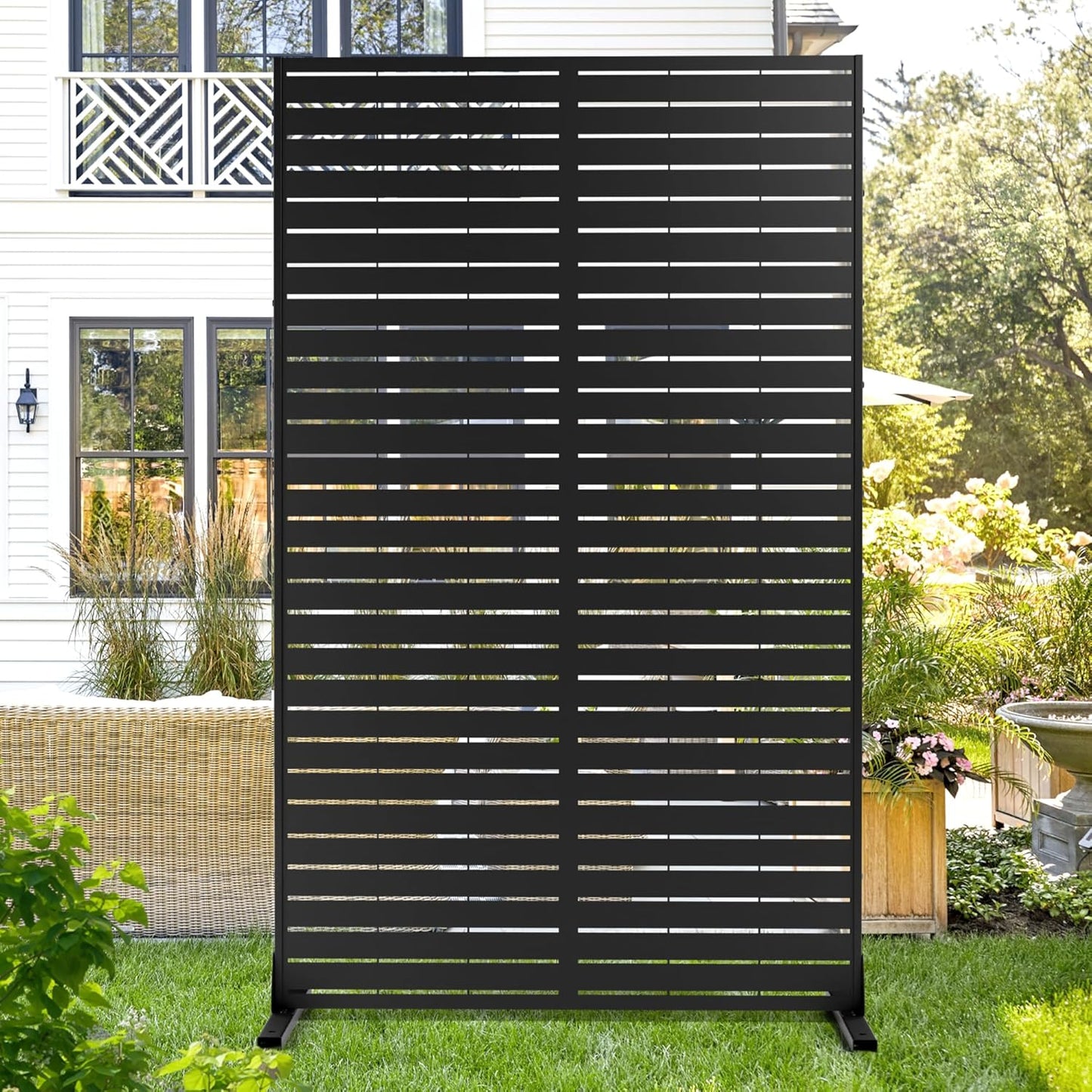Metal Privacy Screen Outdoor 72" H×44" W,Freestanding Decorative Privacy Screen for Balcony Yard&Garden,Privacy Fence Black&Louvered(5 Panels)-VerdiqueGarden