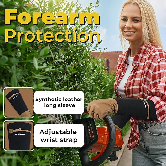 HANDLANDY Long Gardening Gloves for Men & Women, Cowhide Leather Rose Pruning Gloves, Breathable Thorn Proof Gauntlet Glove (Brown-Cowhide, L)-VerdiqueGarden