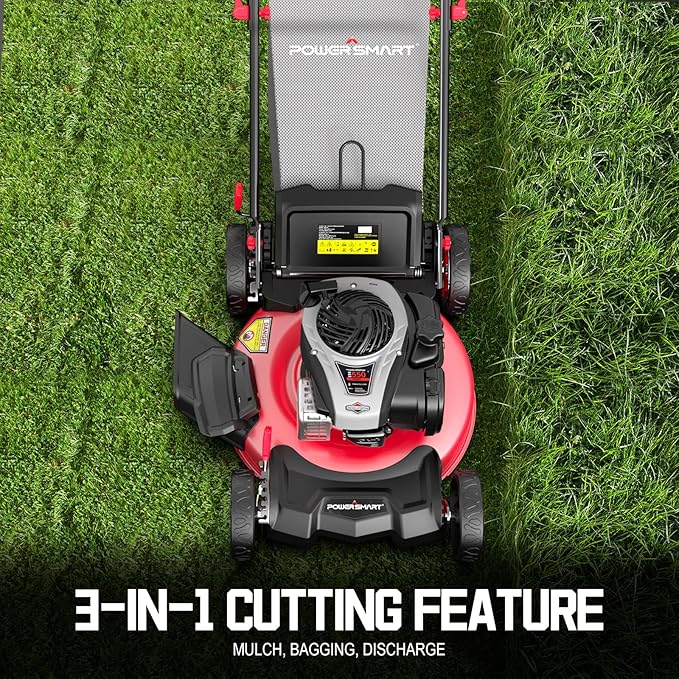 PowerSmart Gas Lawn Mower 21-inch with 140cc Briggs and Stratton E550 Engine, 3-in-1 Push Mower with Mulch, Bagger, Side-Discharge-VerdiqueGarden