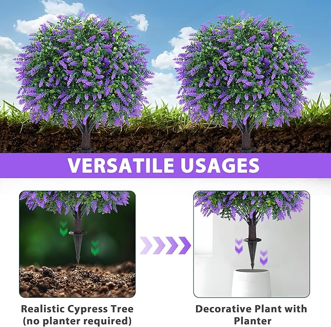 Artificial Boxwood Topiary Ball with Lavender, Set of 2 Artificial Shrub Bushes with Ground Spike, Fake Evergreen Tree for Porch, Artificial Plants for Outdoor Planters Indoor UV Resistant-VerdiqueGarden