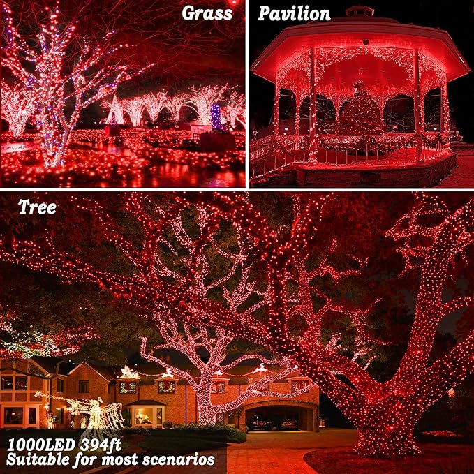 KNONEW 403ft 1000 LED String Lights Outdoor Christmas Lights 8 Modes & Timer Fairy Light Plug in Waterproof LED String Lights for Xmas Yard Tree Wedding Party Holiday Decorations (Red)-VerdiqueGarden