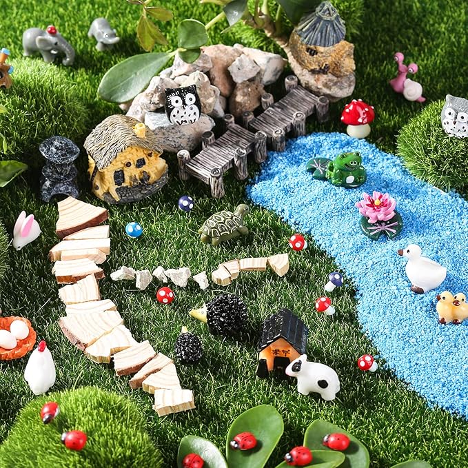 172Pcs Miniature Fairy Garden Accessories Including 100Pcs Fixed Pins, modacraft Fairy Garden Kit Fairy House Animal Figurines Mini Landscape for Garden Dollhouse Potted Plant Bonsai Terrarium Décor-VerdiqueGarden