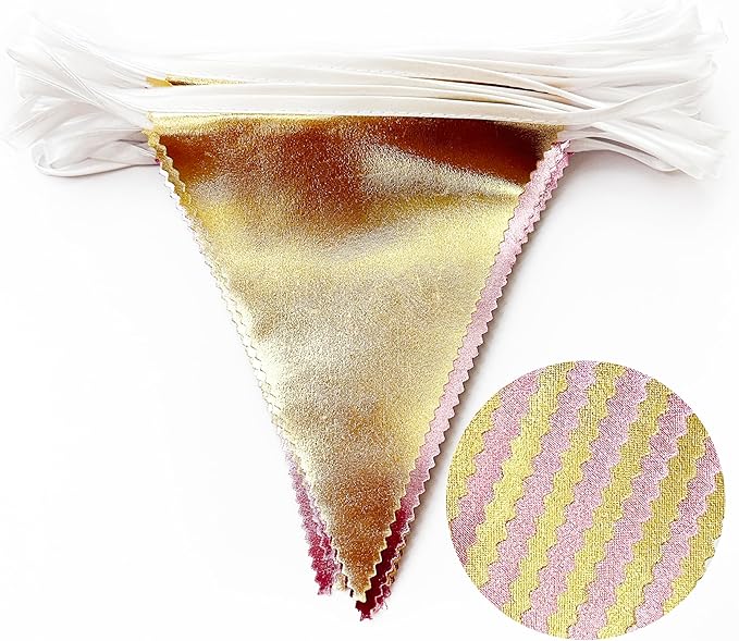 Pink Gold Party Decoration Metallic Fabric Light Pink Gold Triangle Pennant Banner Flag Bunting Garland for Women Girl Birthday Retirement Graduations Bridal Shower Wedding Baby Shower Party Supplies-VerdiqueGarden