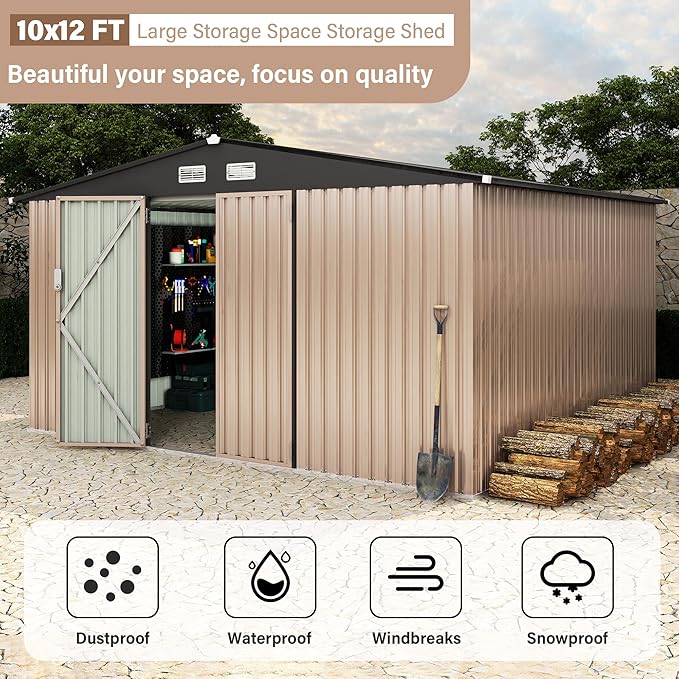 10x12 FT Metal Storage Sheds Outdoor, Metal Yard Sheds Garden Shed Kit, Tool Shed with Lockable Door, Utility Sheds Buildings with Air Vent for Backyard Garden Patio Lawn-VerdiqueGarden