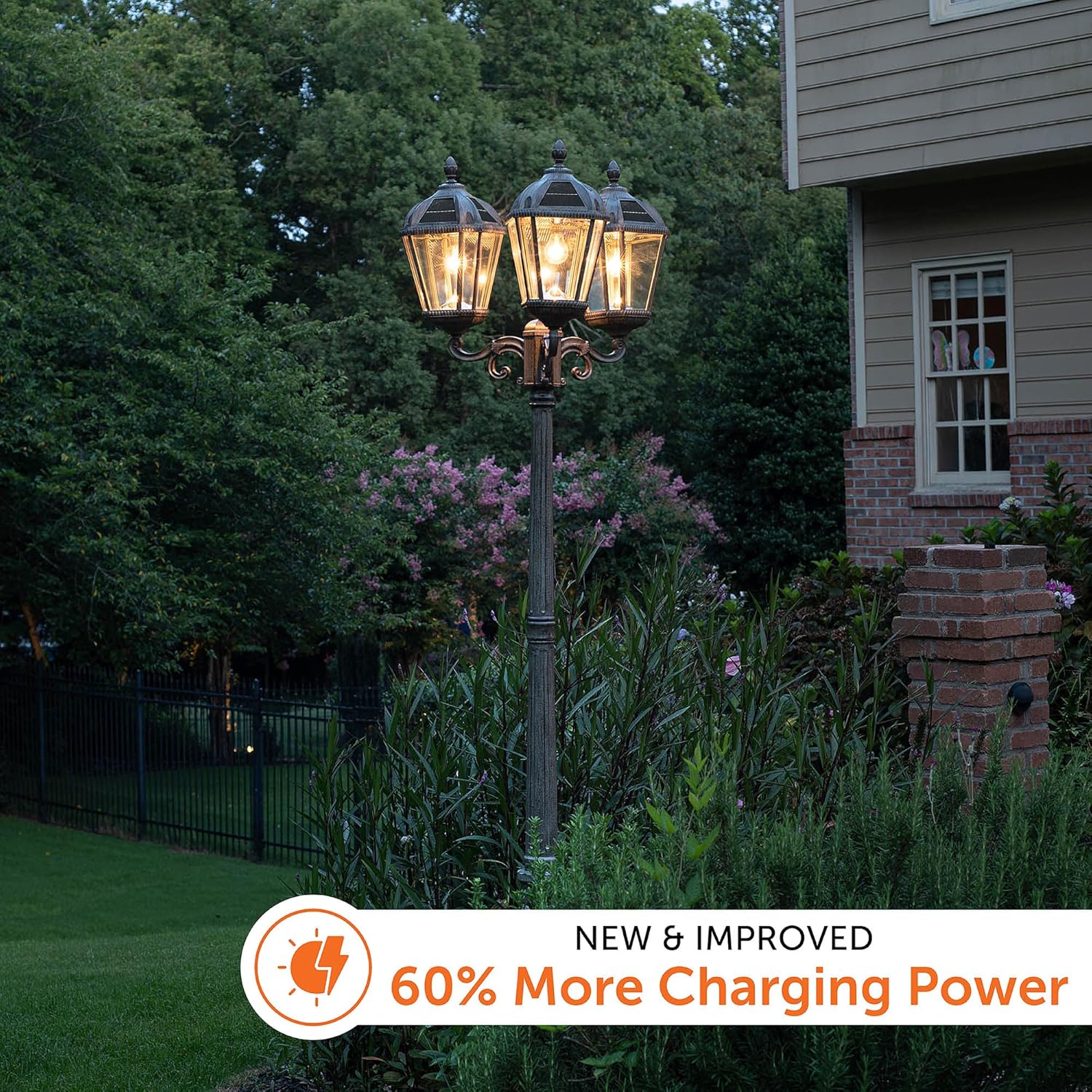 Gama Sonic Royal Bulb Solar Lamp Post Light Kit, 89 inch Tall, Outdoor Triple Head Weathered Bronze Cast Aluminum, Rain Water Glass Light Pole, Warm White 2700K 98B303 (Upgraded Panel)-VerdiqueGarden