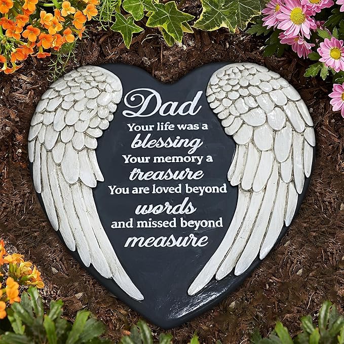 Dad Memorial Garden Stone, Dad Stepping Garden Memorial Stone, in Memory of Dad Stones Gifts for Loss of Father, Loss of Dad, Father Memorial Angel Wings Heart Stone TNS13-VerdiqueGarden