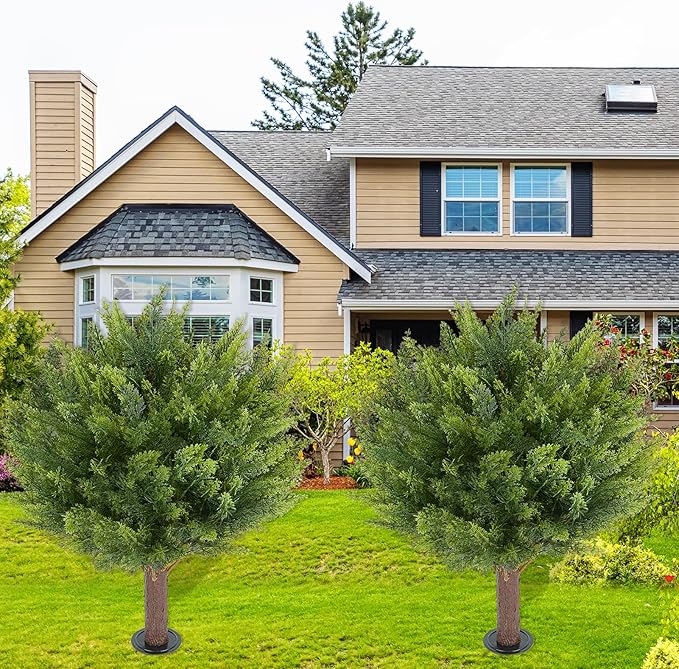 Artificial Cedar Shrub Ball Trees Two 15.8inch with Ground Spikes, can be Planted in The Ground and in pots, Outdoor Artificial Plants Resistant to UV Rays-VerdiqueGarden