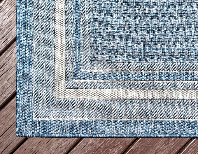 Unique Loom Outdoor Border Collection Area Rug - Soft Border (6' 1" x 9' Rectangle, Blue/ Ivory)-VerdiqueGarden