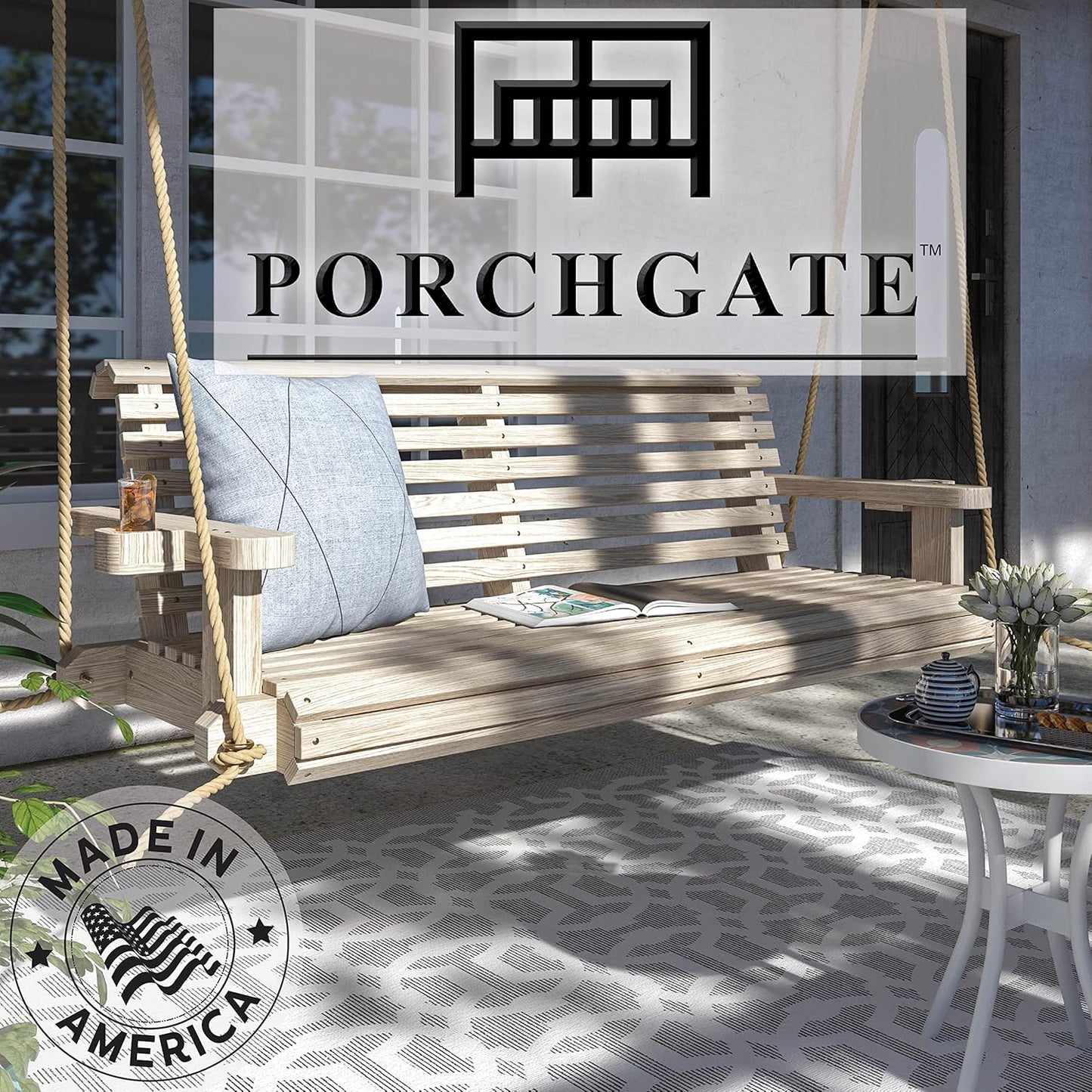 Porchgate Amish Heavy Duty 800 Lb Roll Comfort Treated Porch Swing W/Ropes (5 Foot, Unfinished)-VerdiqueGarden