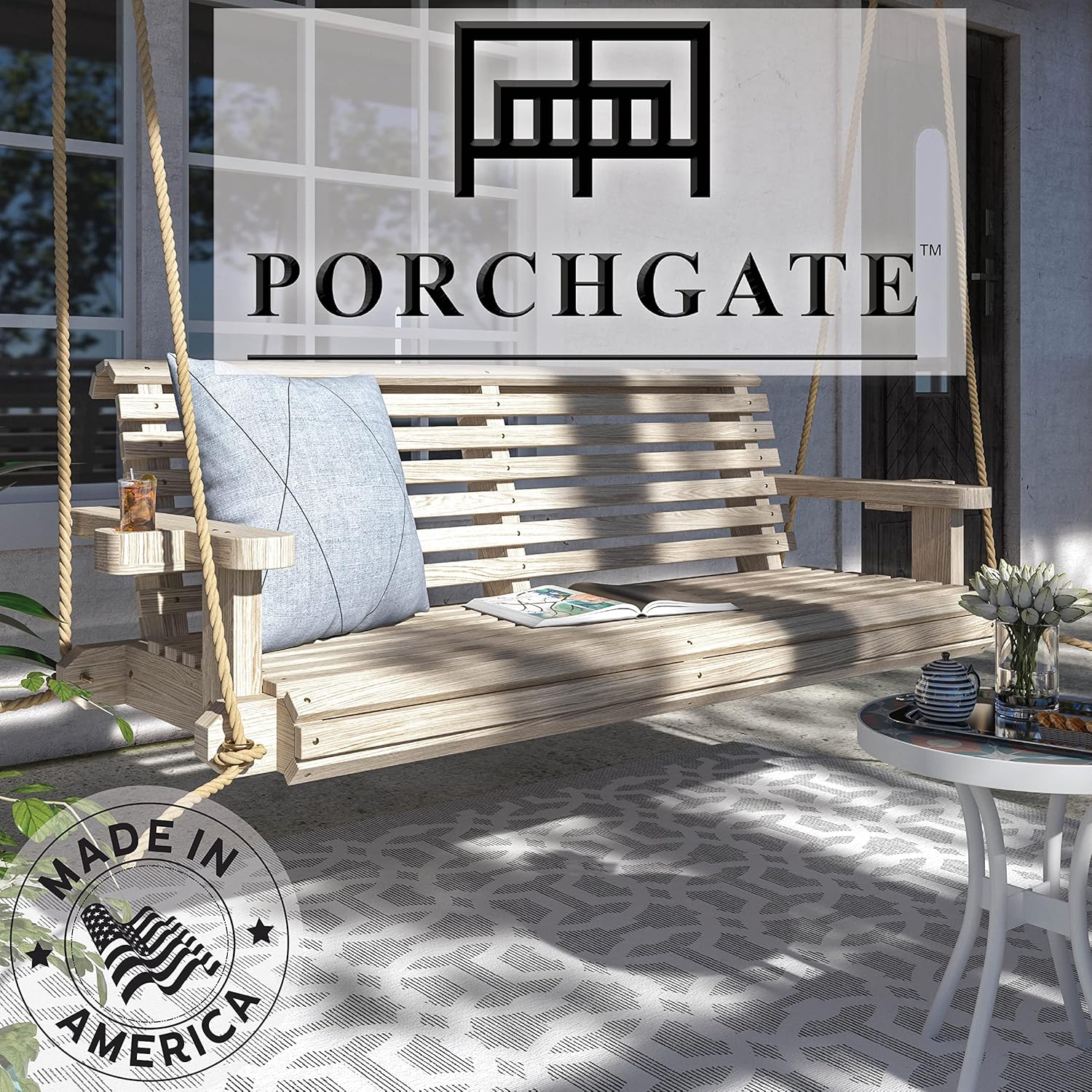 Porchgate Amish Heavy Duty 800 Lb Roll Comfort Treated Porch Swing W/Ropes (5 Foot, Unfinished)-VerdiqueGarden