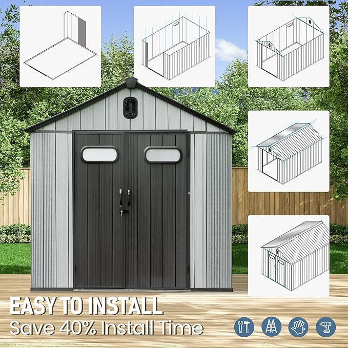 Domi 8x12 FT Outdoor Resin Storage Shed, All-Weather Double-Wall Storage Building for Backyard, Garden, Lawn Tools, Mower, Bike & Pool Equipment, Lockable Doors, Ventilated Roof, Grey-VerdiqueGarden